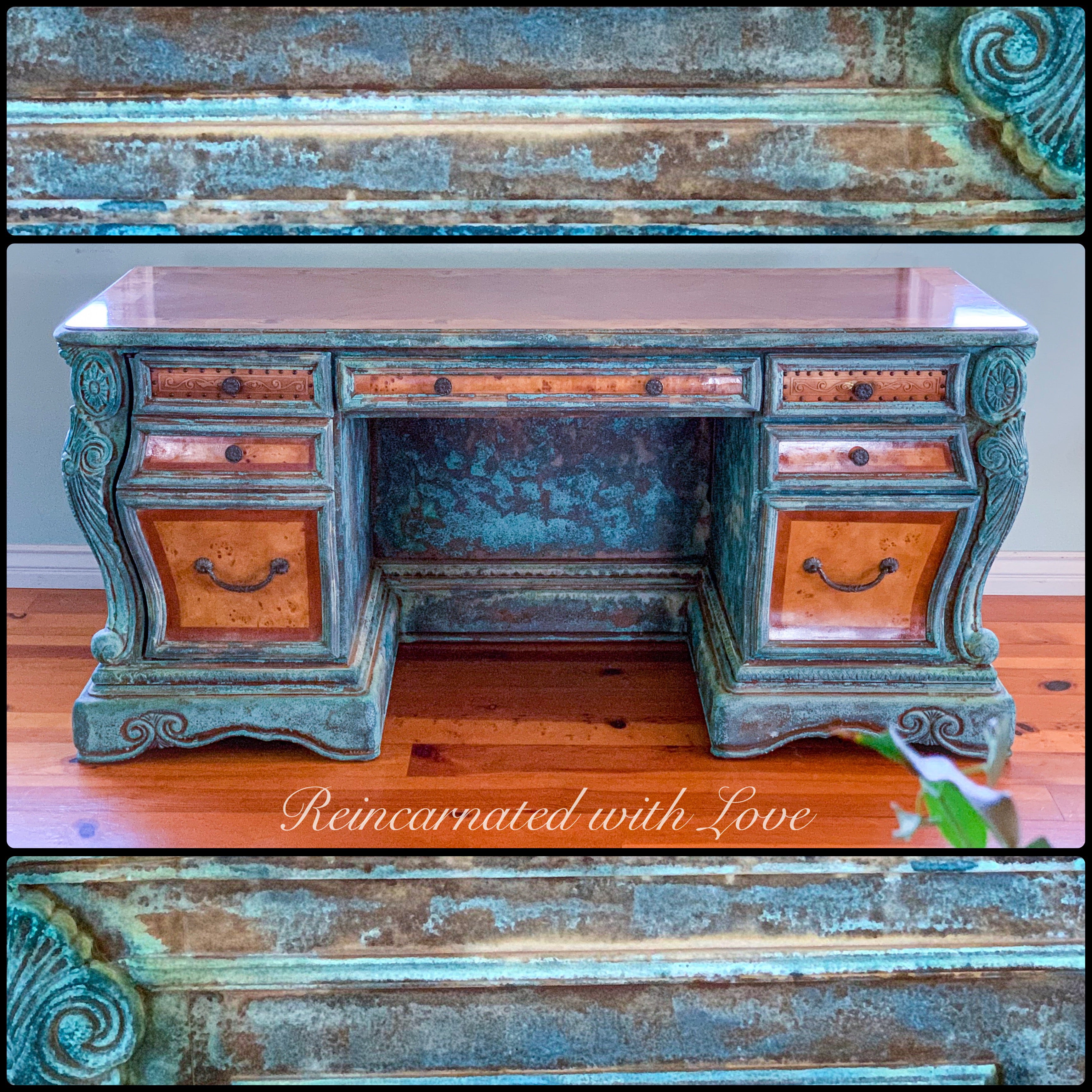 An art nouveau style desk, with a blue & green, patina finish, on stained, solid wood, from Reincarnated with Love.
