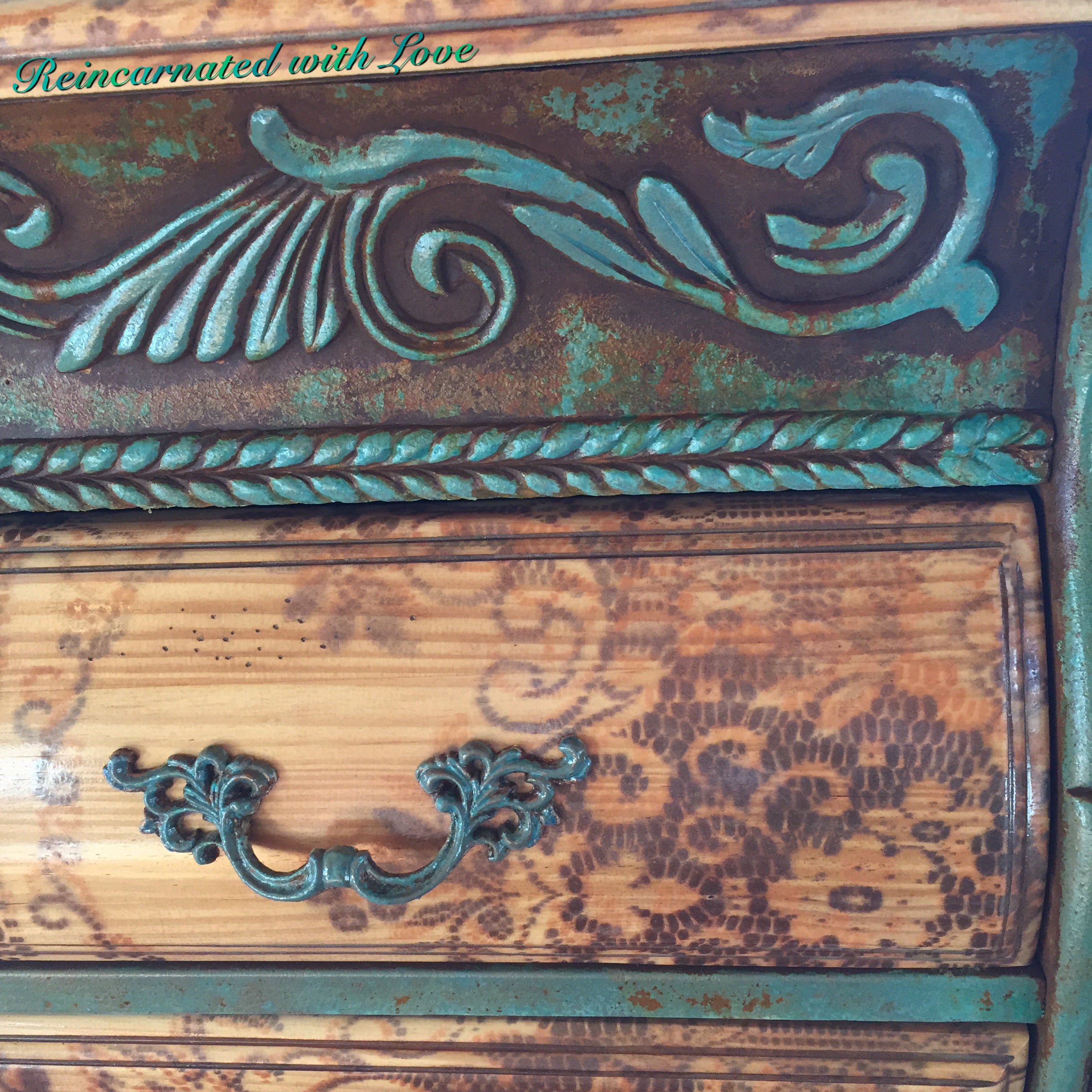 Patina Rusted Dresser ~ art nouveau style bombe chest in blue & green copper patinas