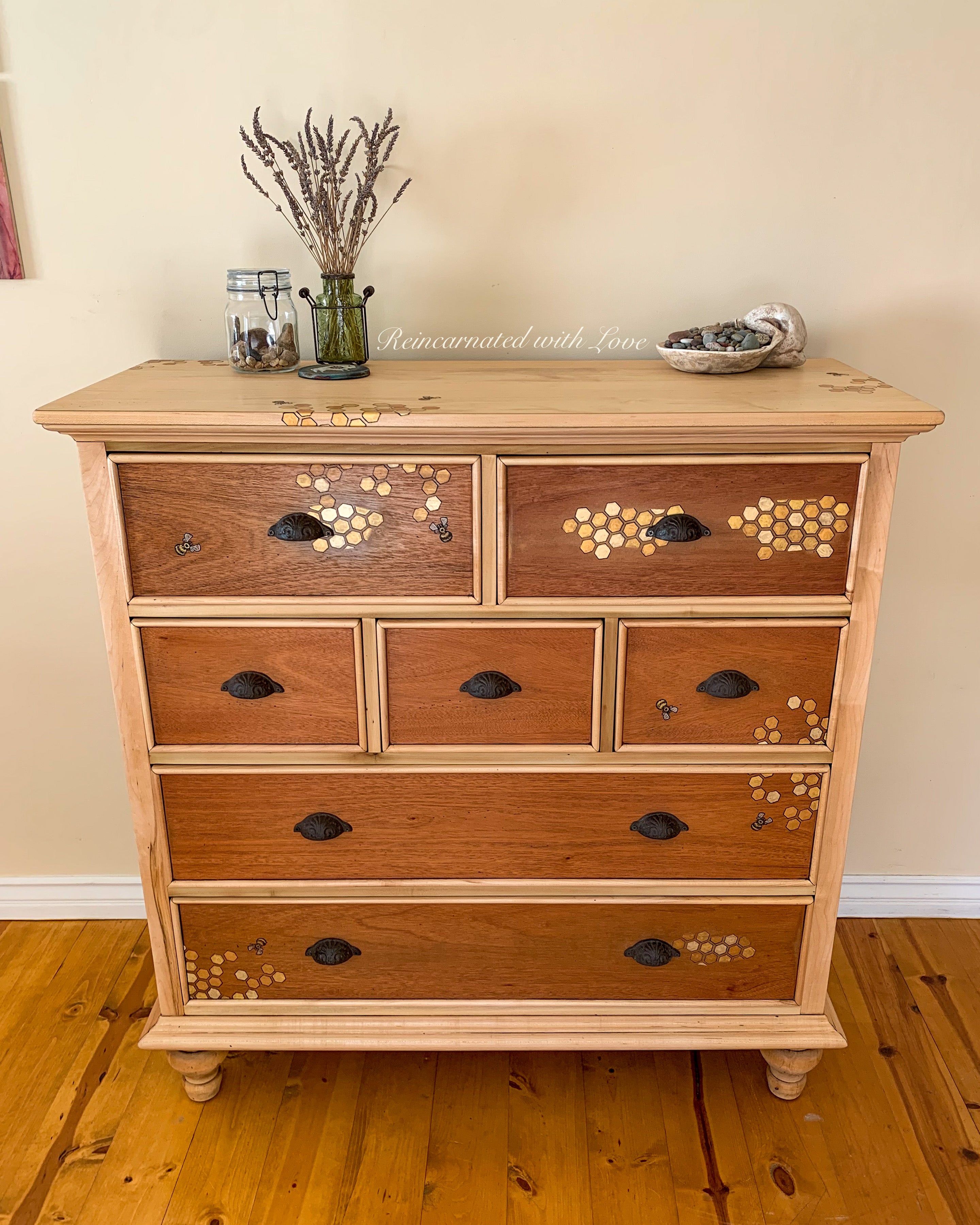 Boho Style Dresser ~ with iridescent honeycomb & tiny bee accents – Reincarnated with Love Boho Style Dresser ~ with iridescent honeycomb & tiny bee accents – Reincarnated with Love
