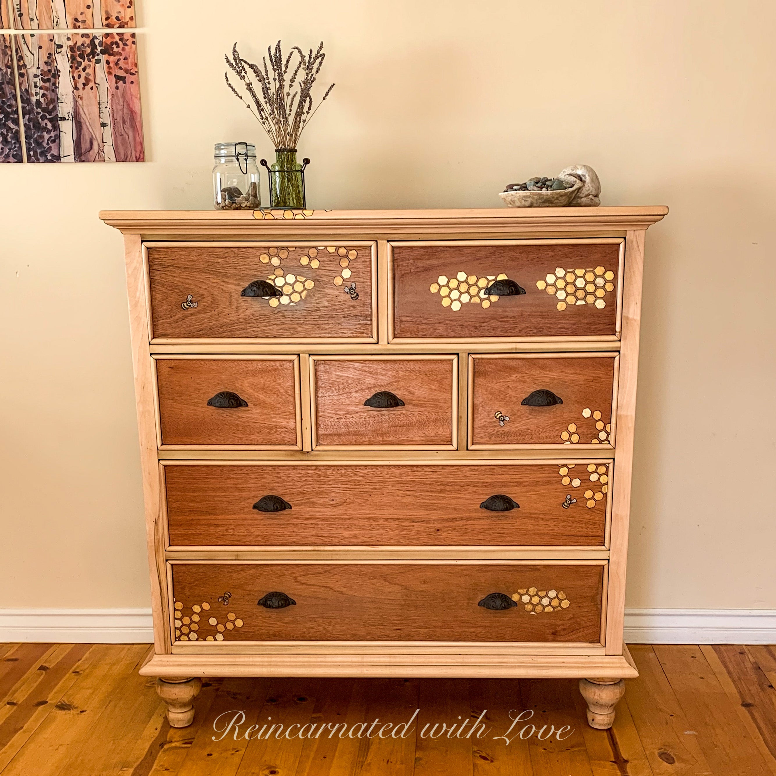 Boho Style Dresser ~ with iridescent honeycomb & tiny bee accents – Reincarnated with Love Boho Style Dresser ~ with iridescent honeycomb & tiny bee accents – Reincarnated with Love