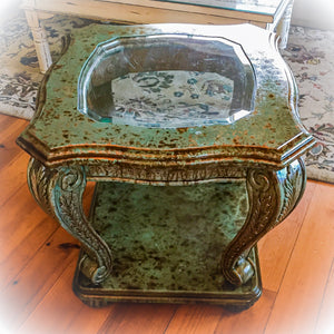 Boho End Table ~ accent table in rusted copper & green patina