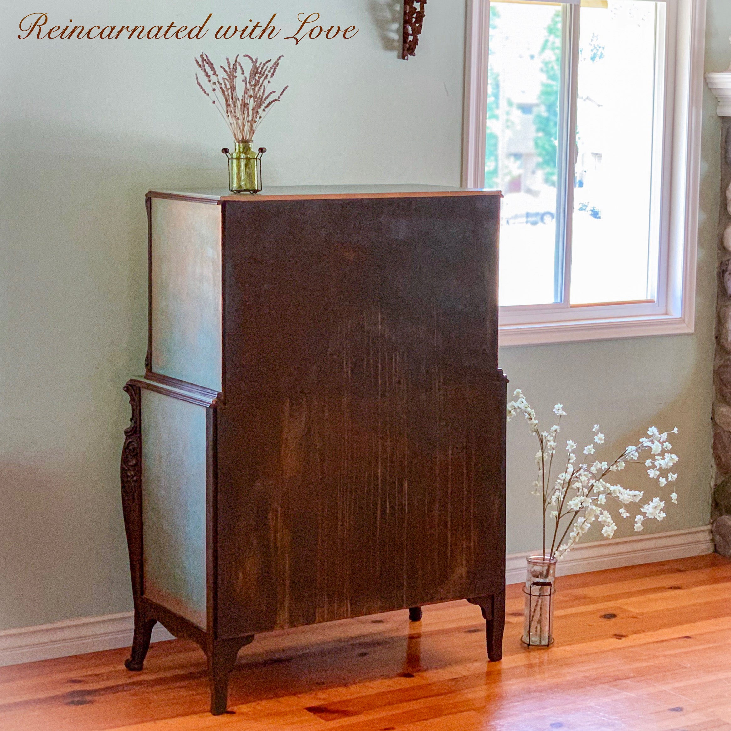 Green Boho Dresser ~ art nouveau style dresser done in copper patina & rusted iron