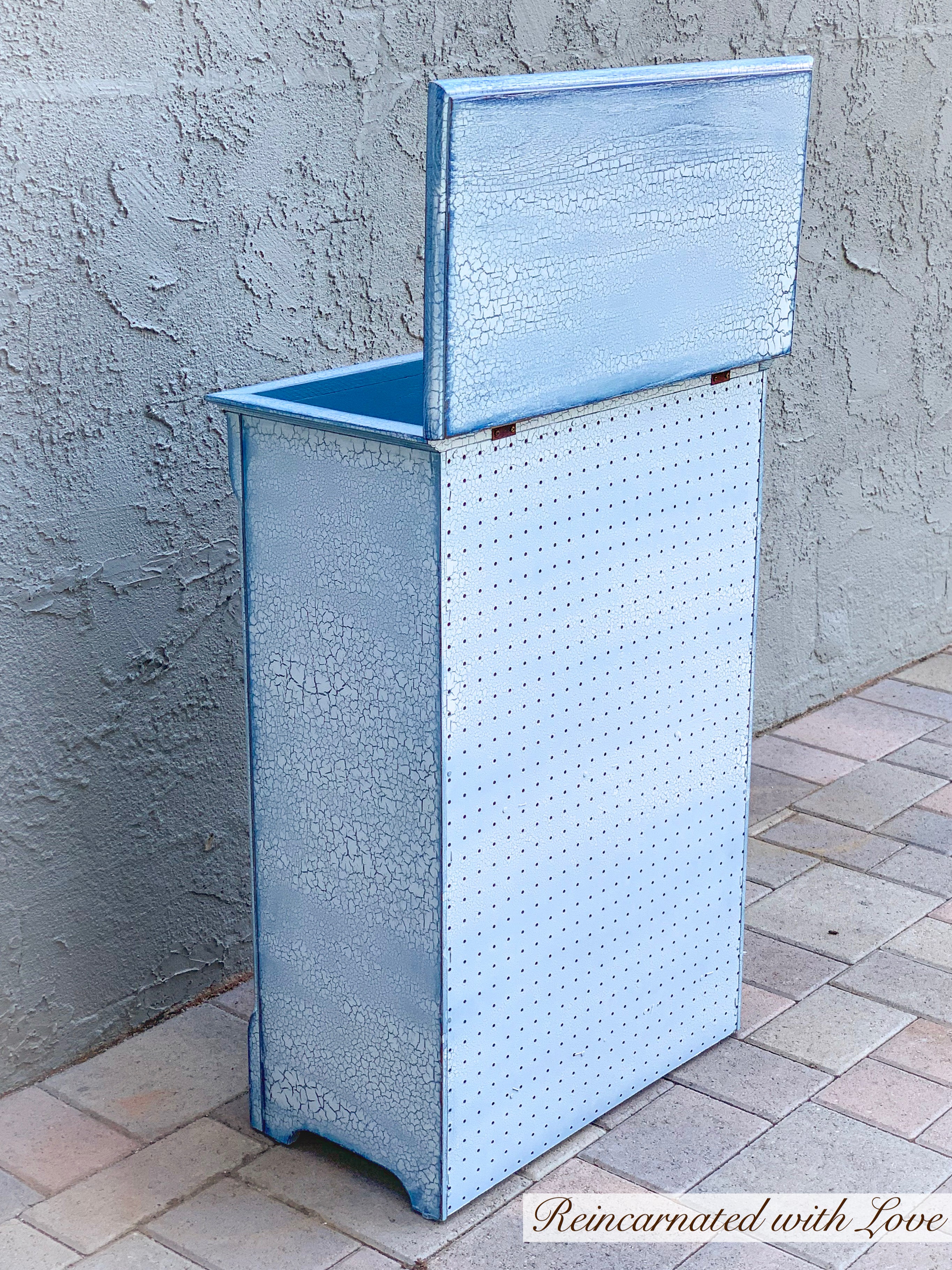 Shabby Chic Laundry Hamper ~ lift top hamper in distressed white with blue hues