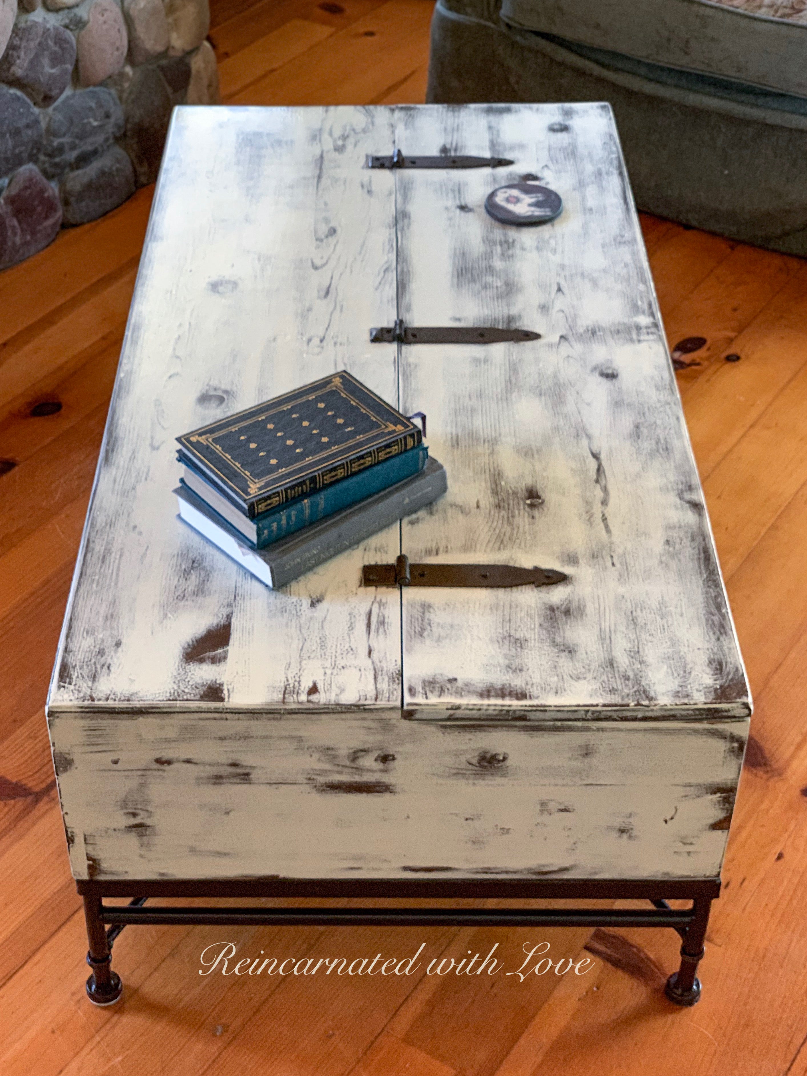 Lift Top Farmhouse Coffee Table ~ reclaimed wood & wrought iron coffee table in rustic white