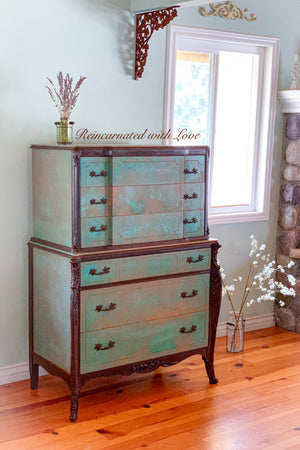 Green Boho Dresser ~ art nouveau style dresser done in copper patina & rusted iron