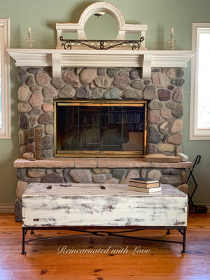 Lift Top Farmhouse Coffee Table ~ reclaimed wood & wrought iron coffee table in rustic white