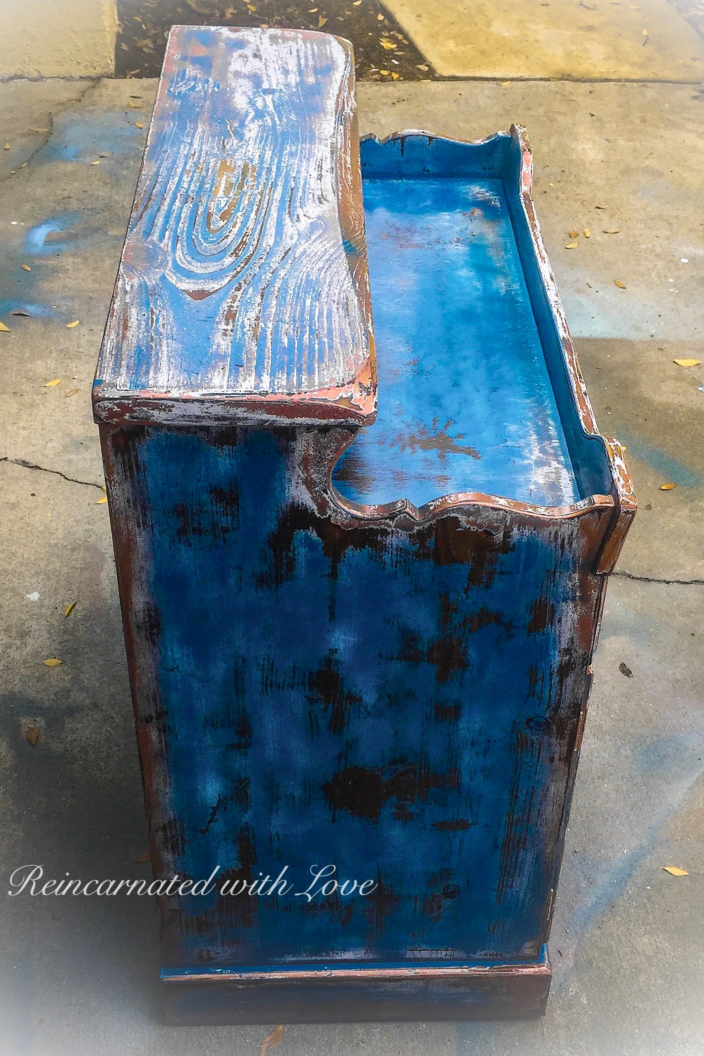Farmhouse Style Coffee Bar ~ country kitchen storage cabinet in distressed blue