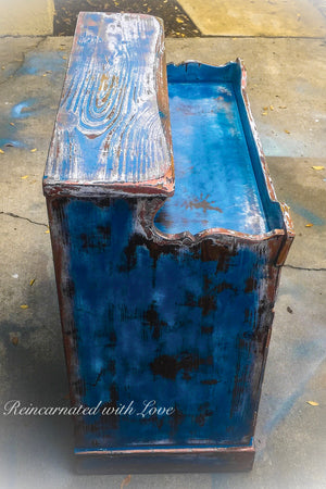 Farmhouse Style Coffee Bar ~ country kitchen storage cabinet in distressed blue