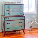 A tall, boho style dresser, with six drawers, done in a green, patina & rusted, iron finish with wood carved detailing.