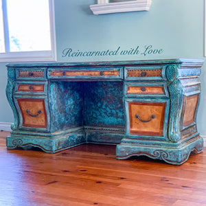 Patina Boho Desk ~ blue & green, art nouveau style desk in rusted copper & stained wood