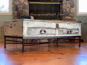 Lift Top Farmhouse Coffee Table ~ reclaimed wood & wrought iron coffee table in rustic white