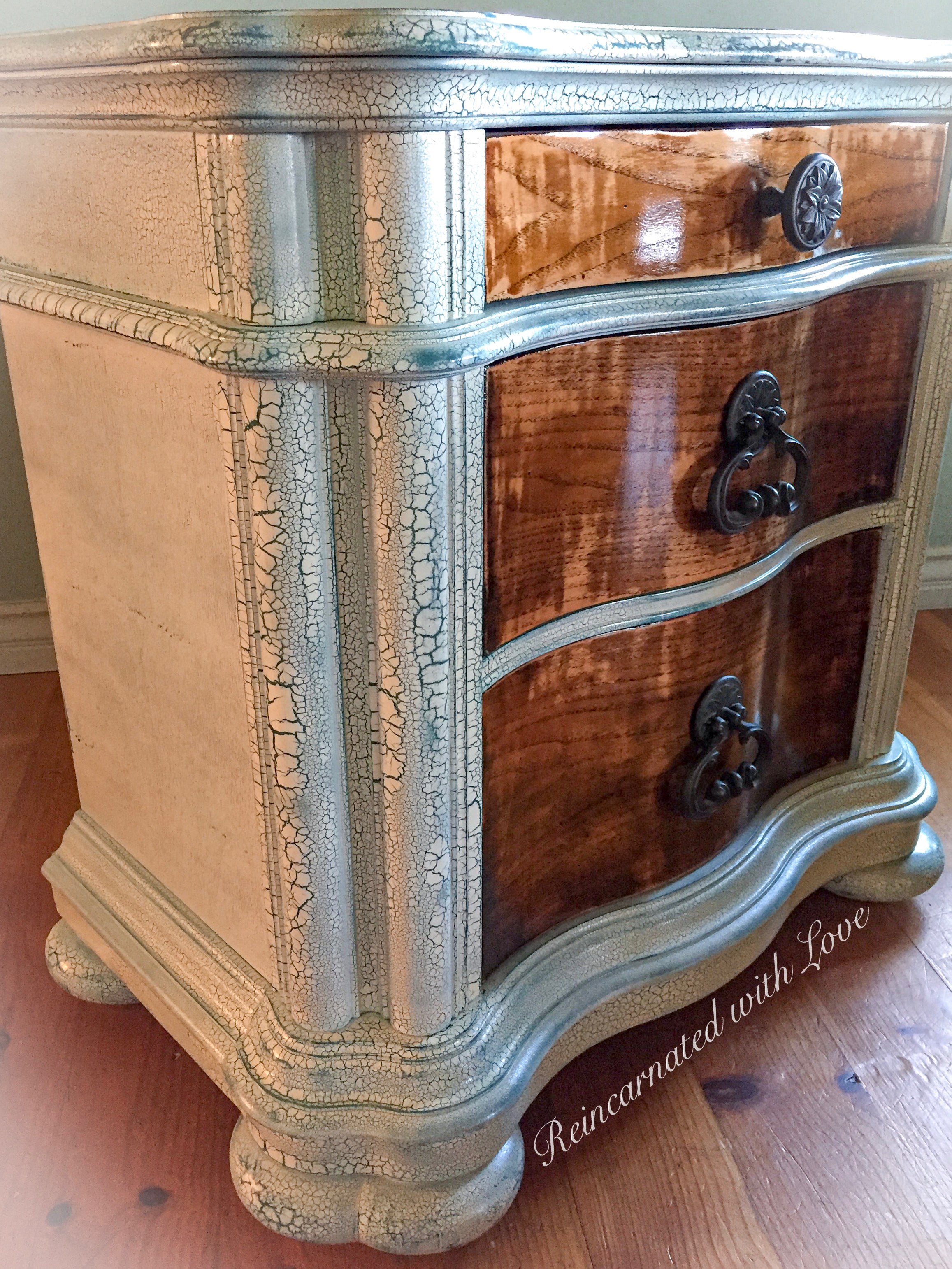 Farmhouse Nightstand ~ shabby chic storage table in distressed white & stained wood