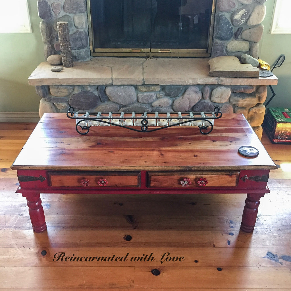 Farmhouse Red Coffee Table ~ distressed red & stained solid pine coffee table