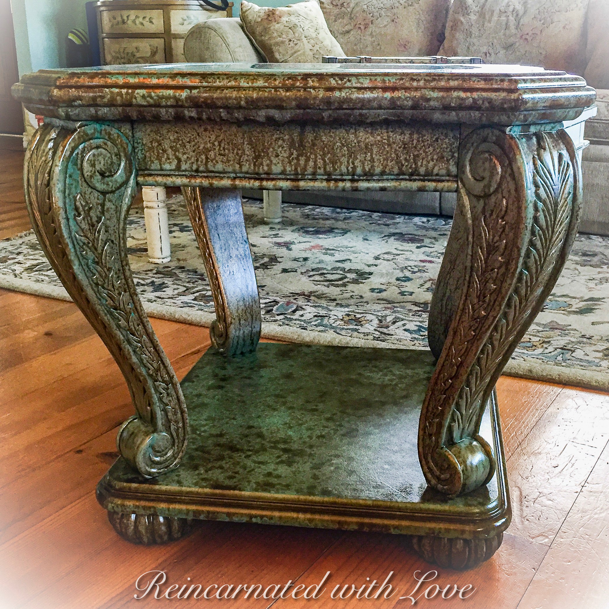 Boho End Table ~ accent table in rusted copper & green patina