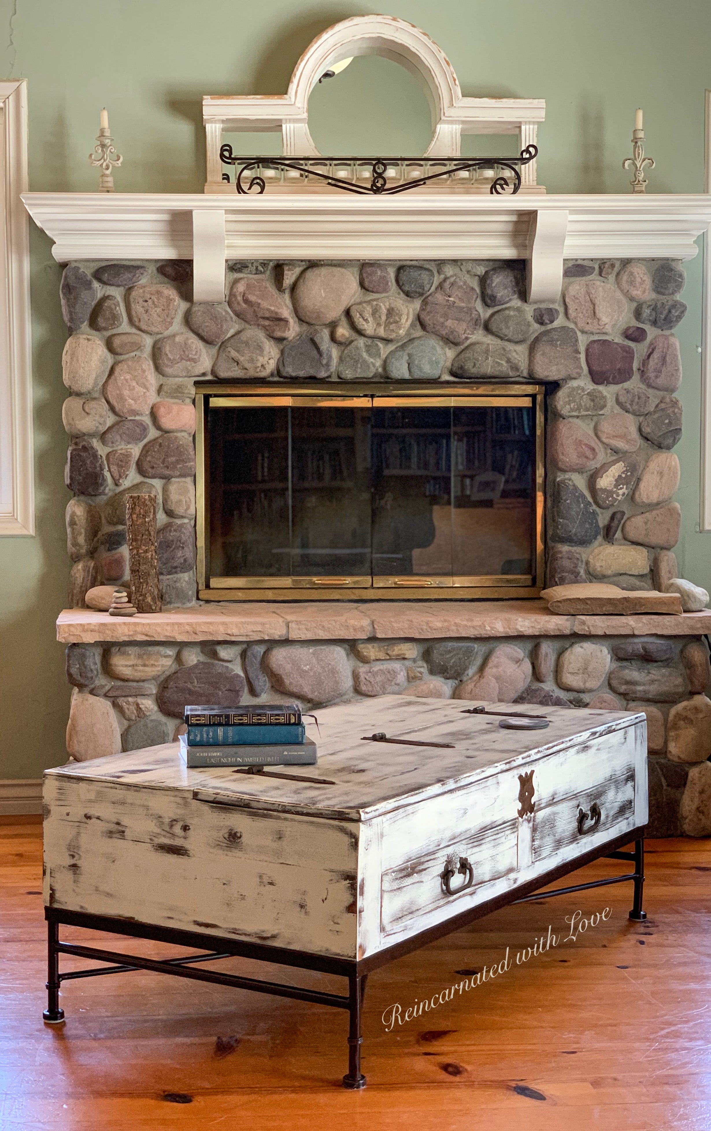 Lift Top Farmhouse Coffee Table ~ reclaimed wood & wrought iron coffee table in rustic white