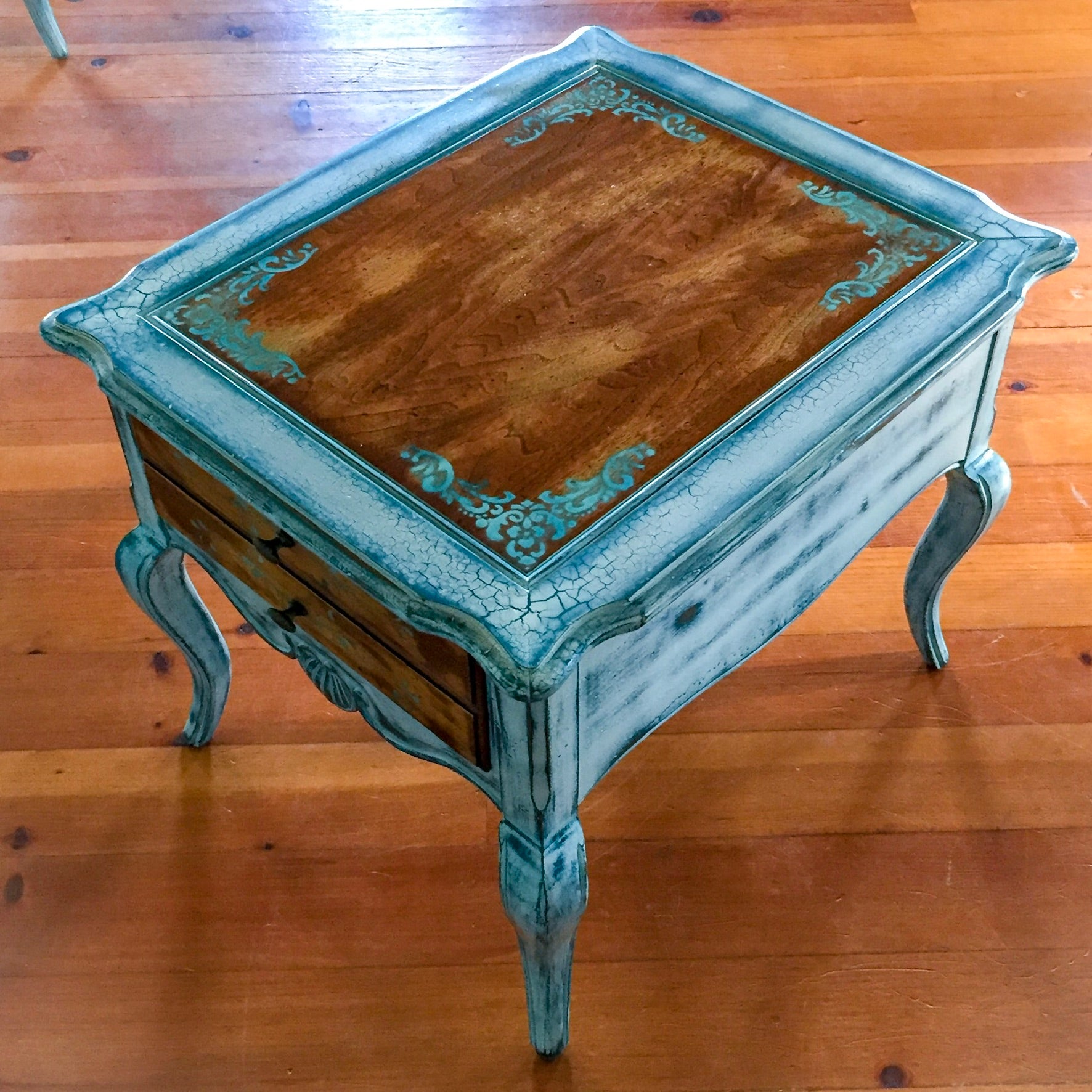 French Country Side Table ~ shabby chic table in distressed white & stained wood