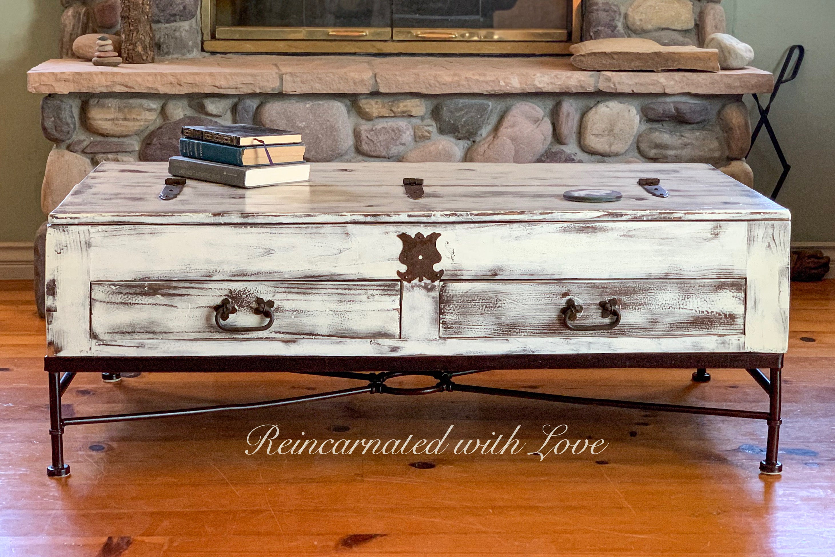 Lift Top Farmhouse Coffee Table ~ reclaimed wood & wrought iron coffee table in rustic white