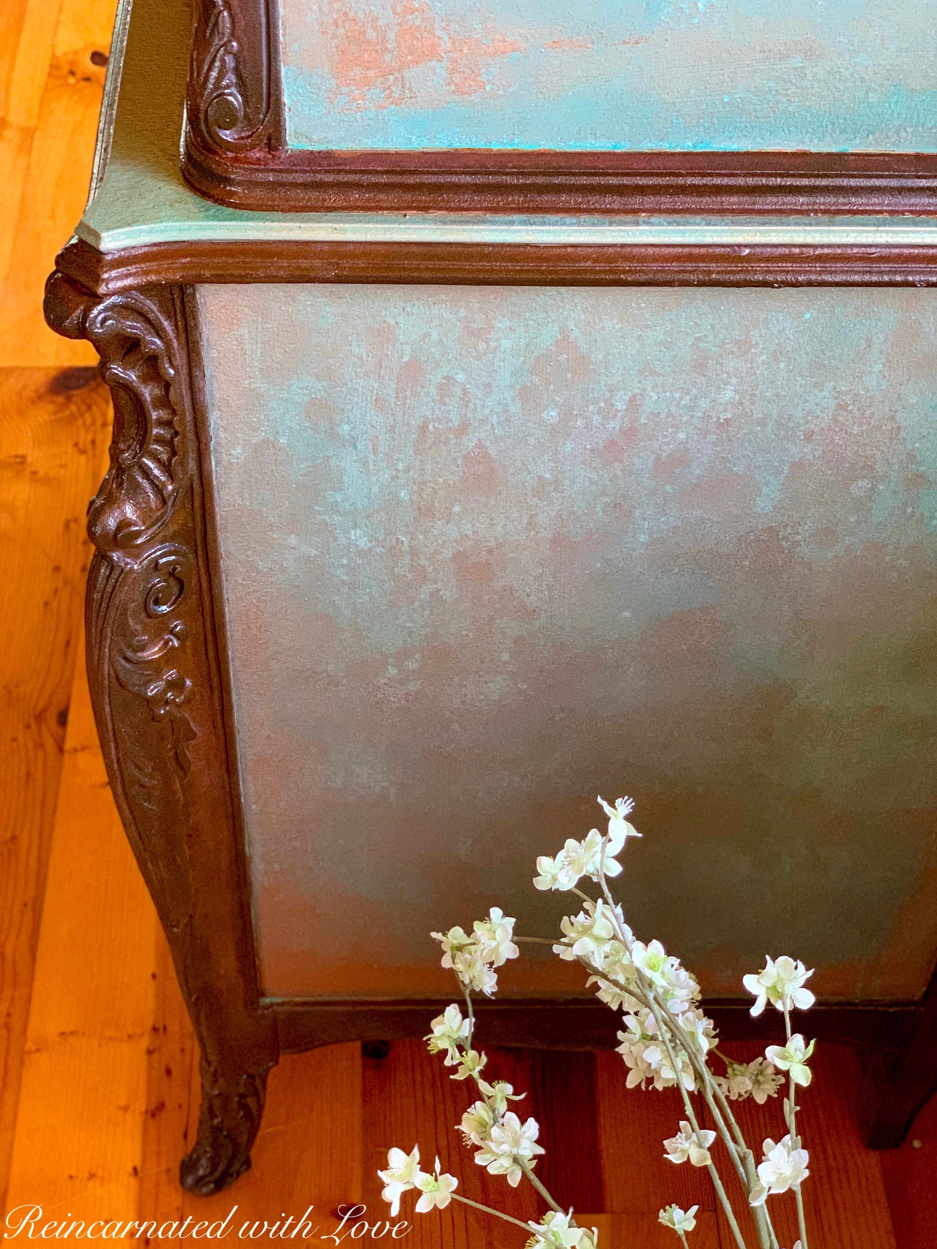 Green Boho Dresser ~ art nouveau style dresser done in copper patina & rusted iron