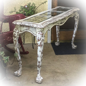 French Country Sofa Table ~ glass top table with shabby chic white finish