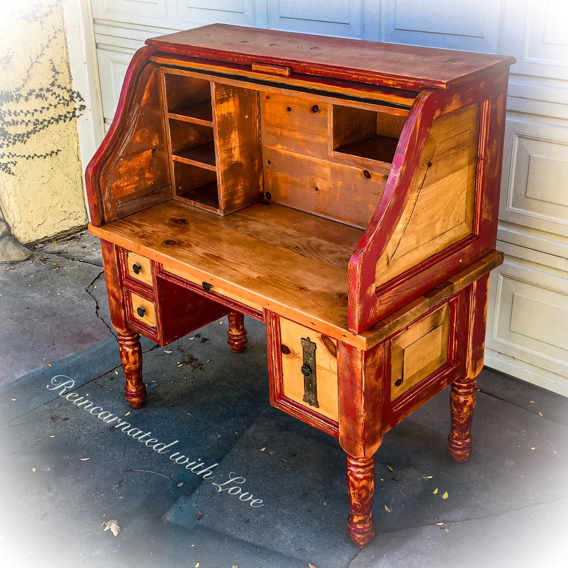 Reclaimed wood, roll top desk, painted with distressed, red trim & stained, solid pine, panels, drawer faces & desktop.