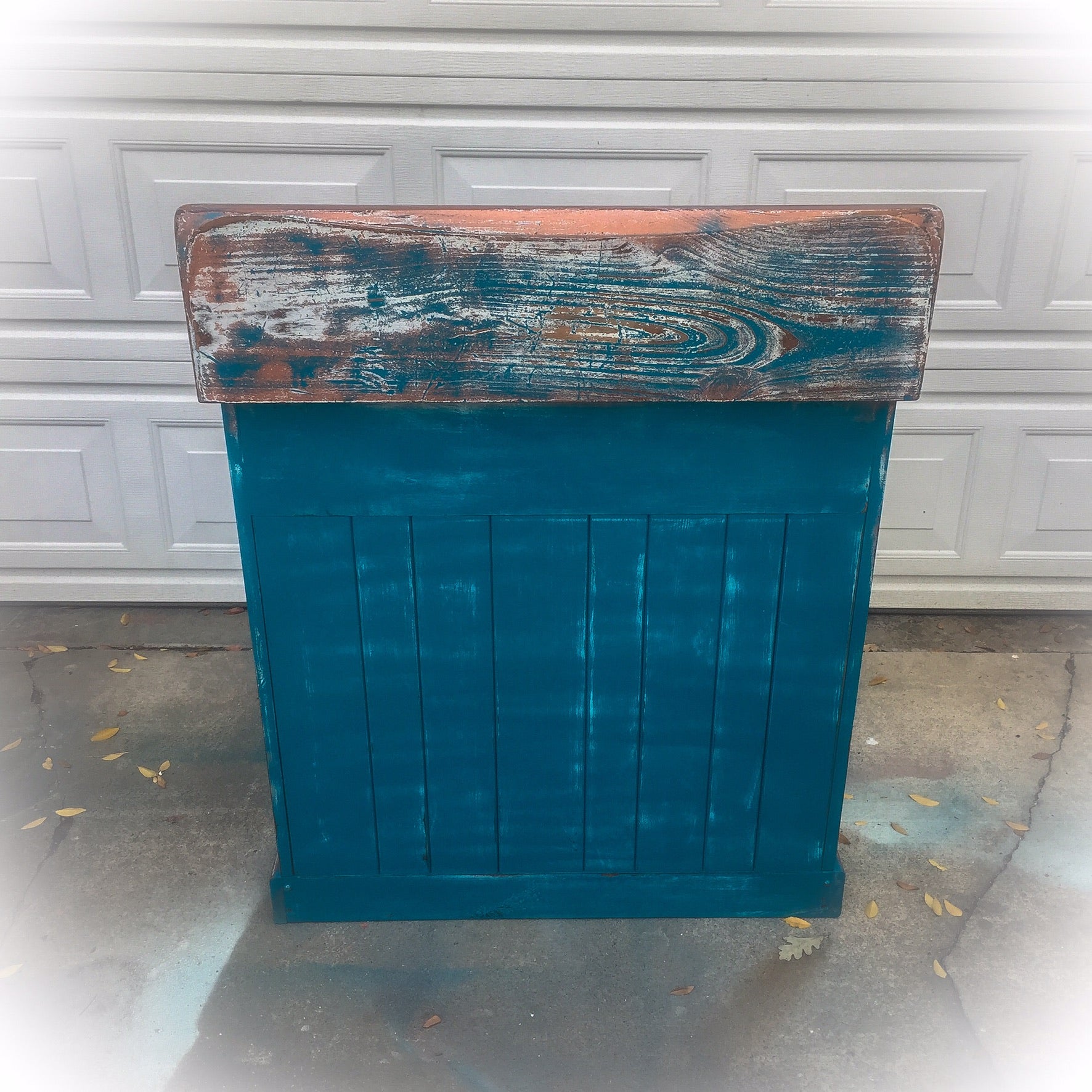 Farmhouse Style Coffee Bar ~ country kitchen storage cabinet in distressed blue