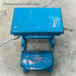 Shabby chic, toddler desk with attached, folding, bench seat, painted & distressed in blue, with copper undertones.