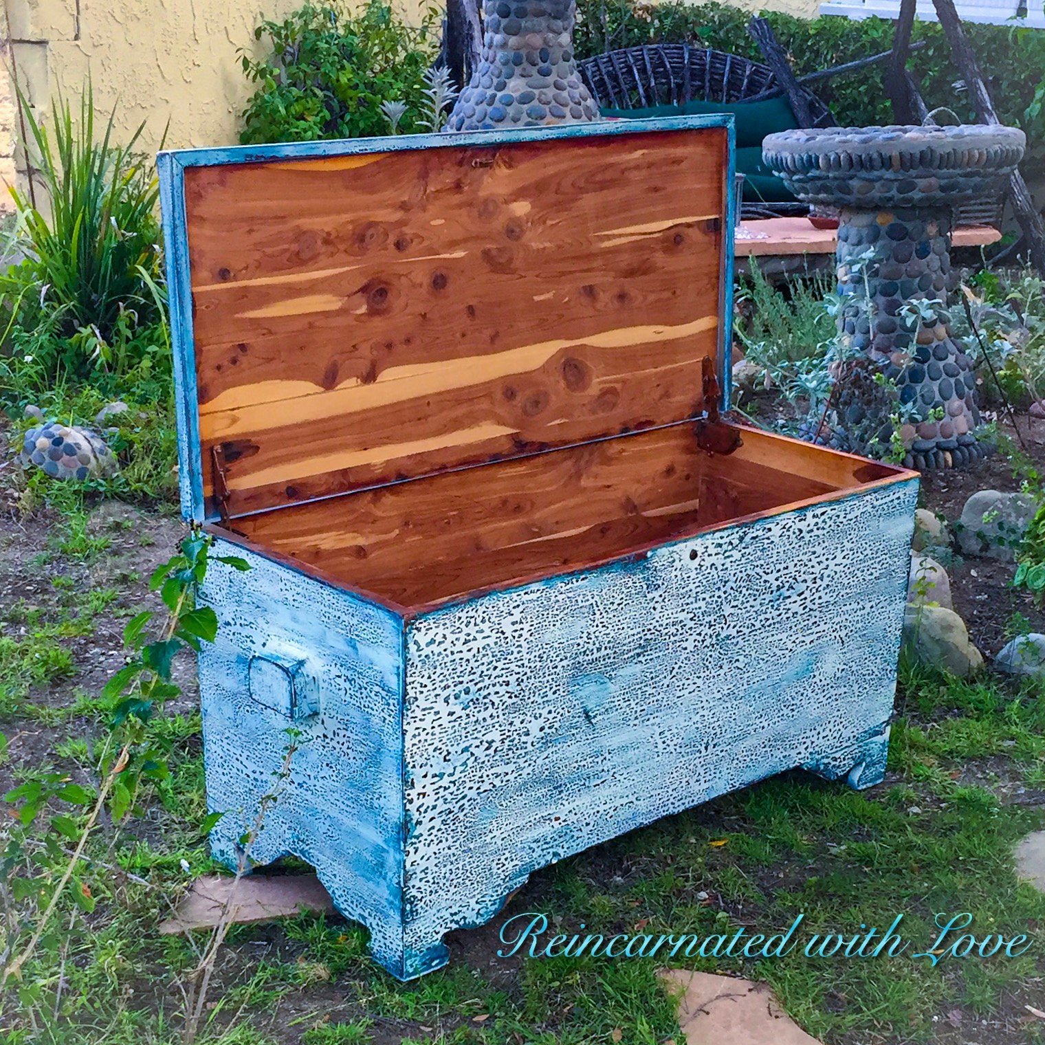 Locking Cedar Chest ~ shabby chic storage chest done in distressed blue hues