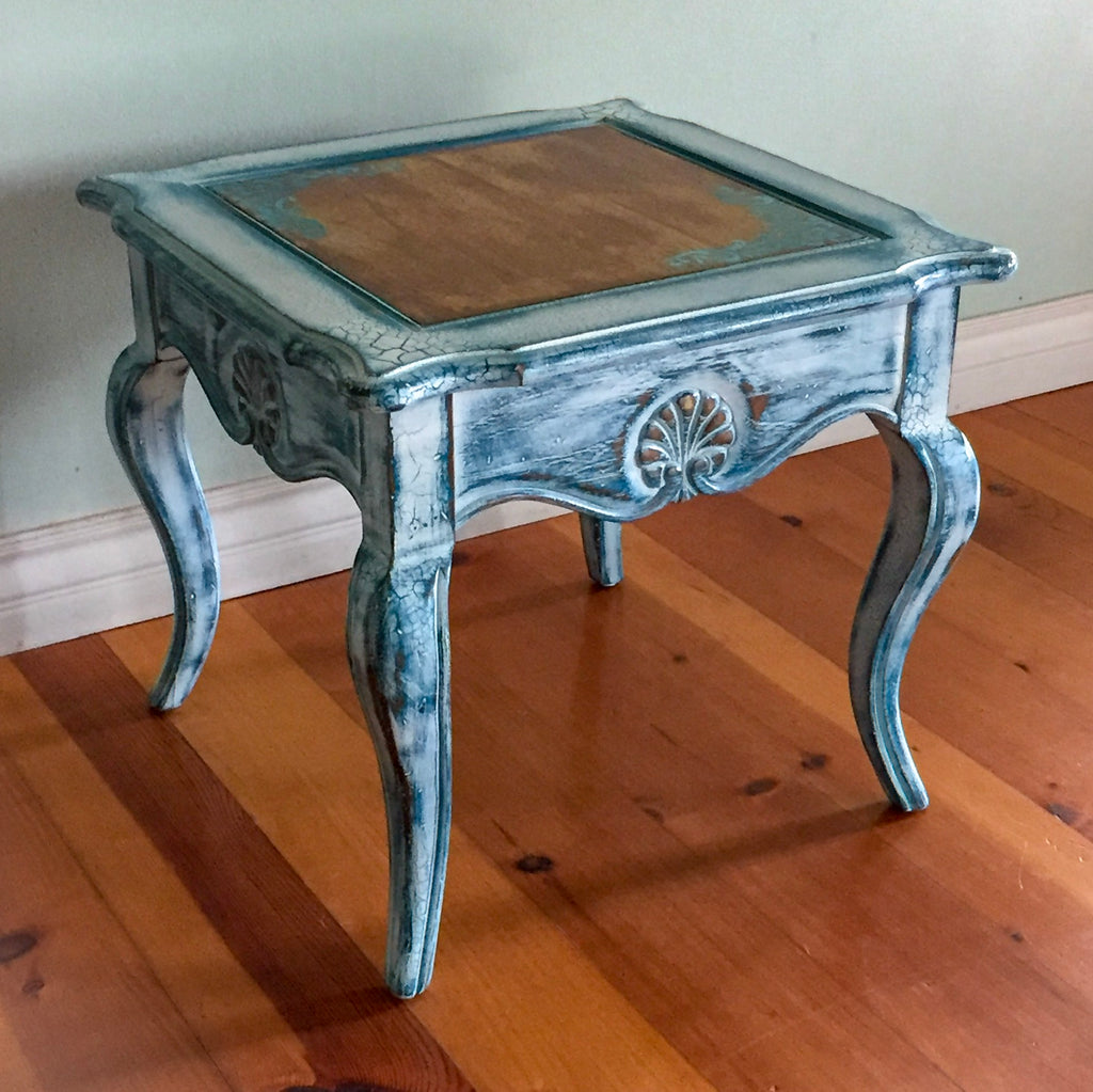 French Country End Table ~ shabby chic table in distressed white