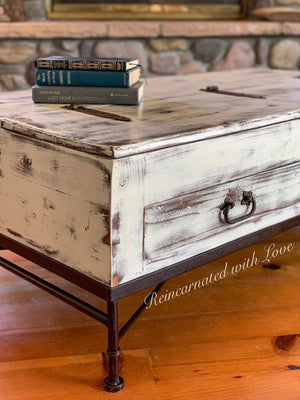 Lift Top Farmhouse Coffee Table ~ reclaimed wood & wrought iron coffee table in rustic white