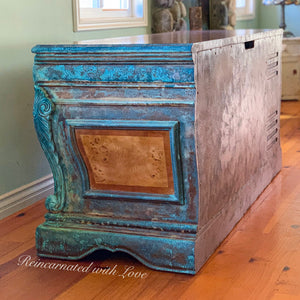 Patina Boho Desk ~ blue & green, art nouveau style desk in rusted copper & stained wood