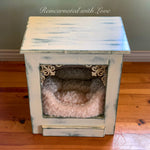 Shabby Chic Pet Bed ~ repurposed end table doubles as a cat cave or small dog bed