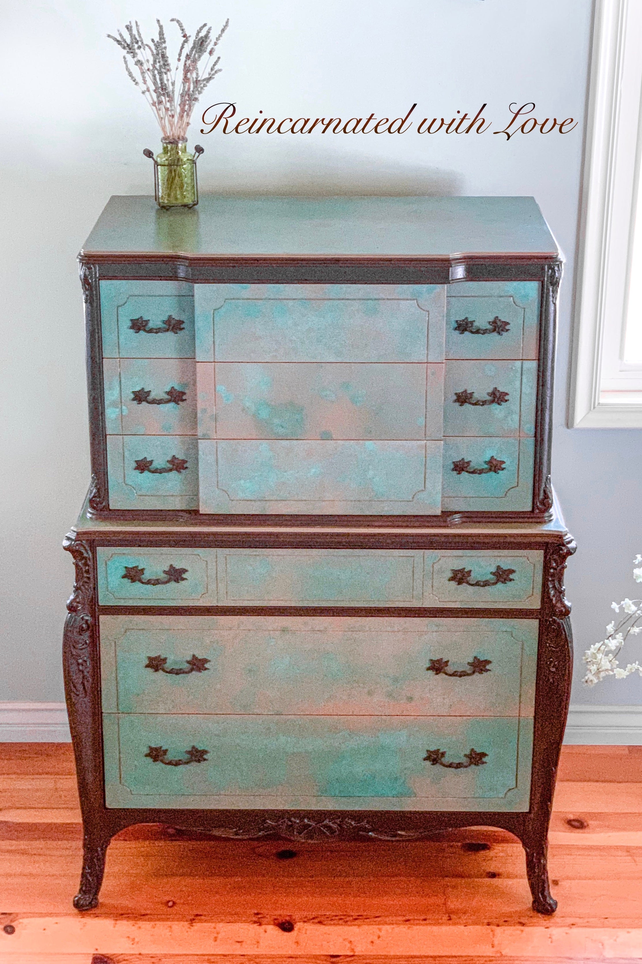 Green Boho Dresser ~ art nouveau style dresser done in copper patina & rusted iron