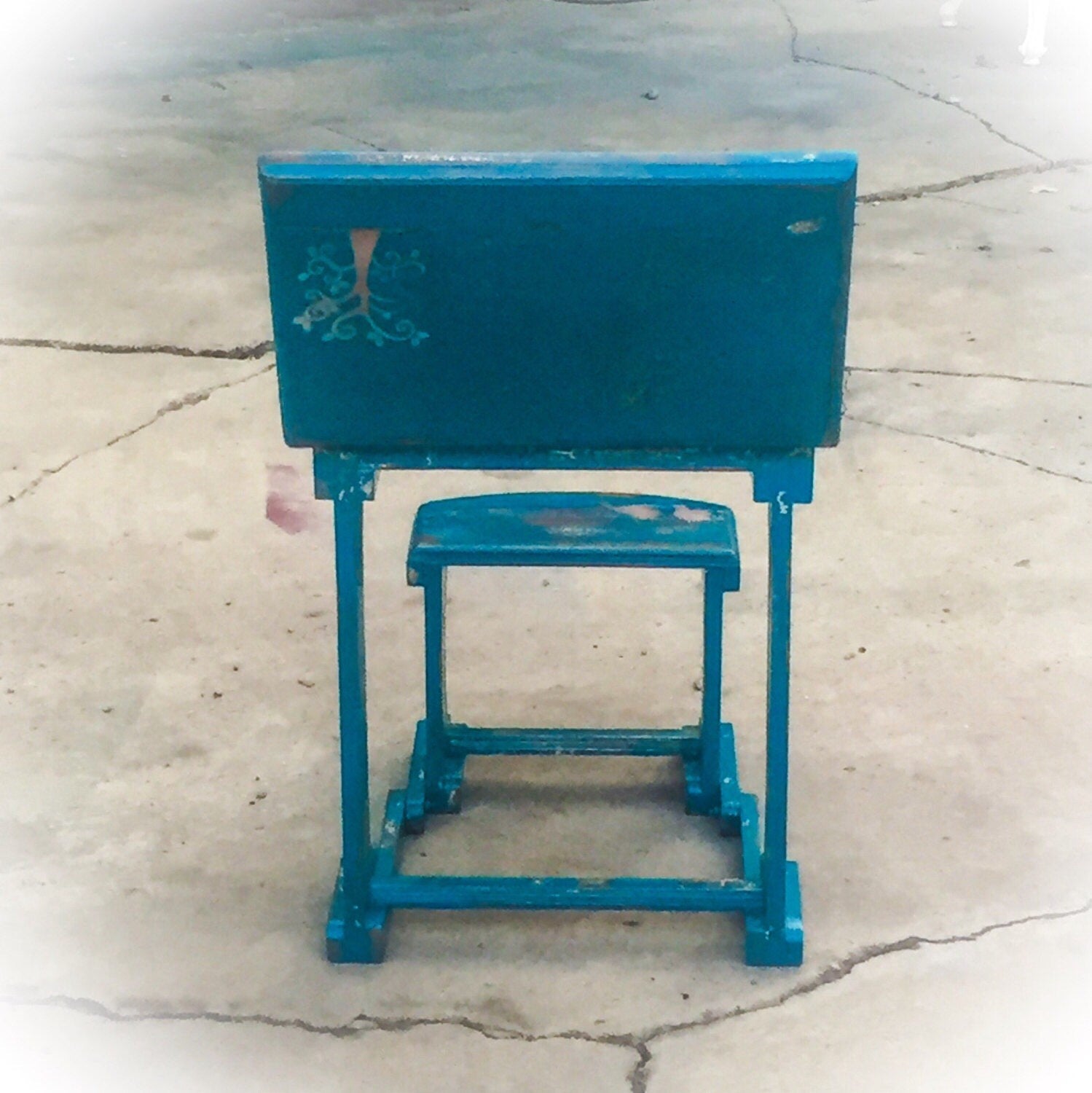 Blue Toddler Desk ~ solid wood shabby chic desk with folding bench seat