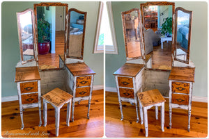 Farmhouse Style Vanity ~ antique dressing table with burnt wood, floral accents