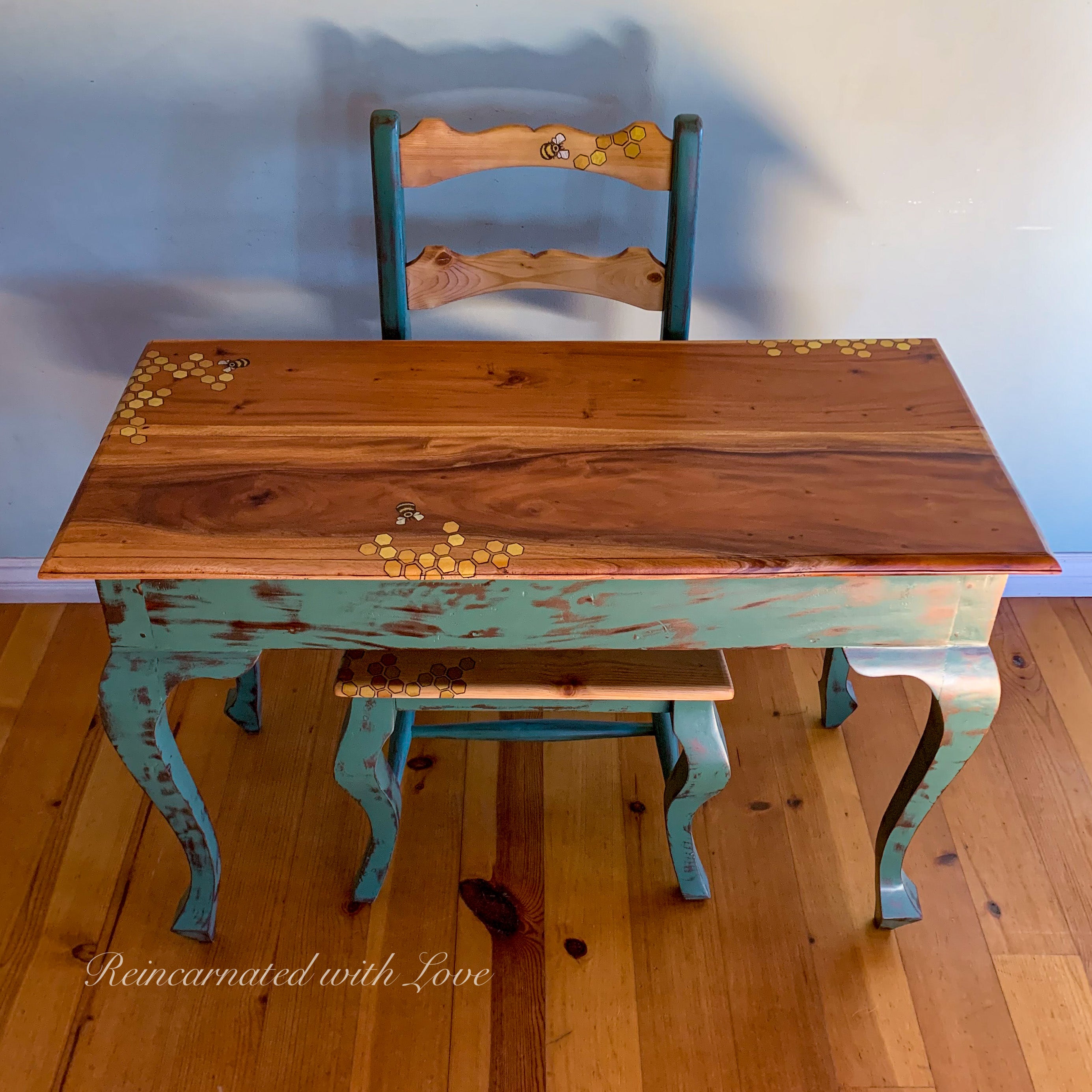 French Country Desk & Matching Chair Set ~ with burnt wood honeycomb & tiny bee accents