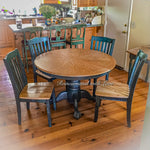 Shabby chic, country style dining table in blue patina with stained wood tabletop & chairs seats.