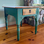 French country end table painted distressed green with burnt wood honeycomb and tiny bee accents.