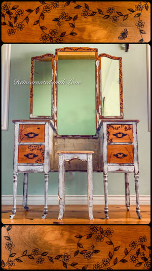 Farmhouse Style Vanity ~ antique dressing table with burnt wood, floral accents