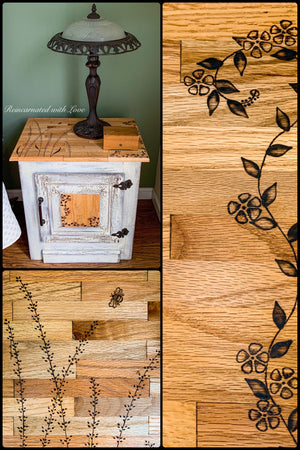 Farmhouse Bedside Table ~ with burnt wood, floral detailing