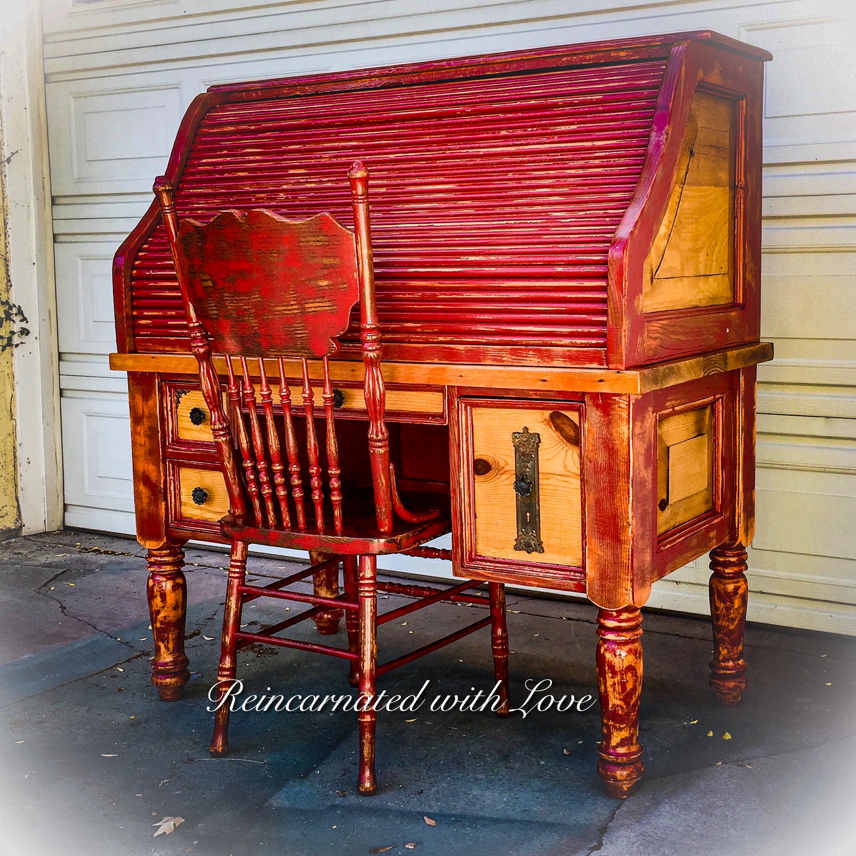 Farmhouse Style Roll Top Desk ~ reclaimed wood desk in distressed red & stained pine