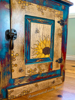 Burnt Wood & Watercolor Nightstand ~ with honeycomb, sunflowers & tiny bee accents