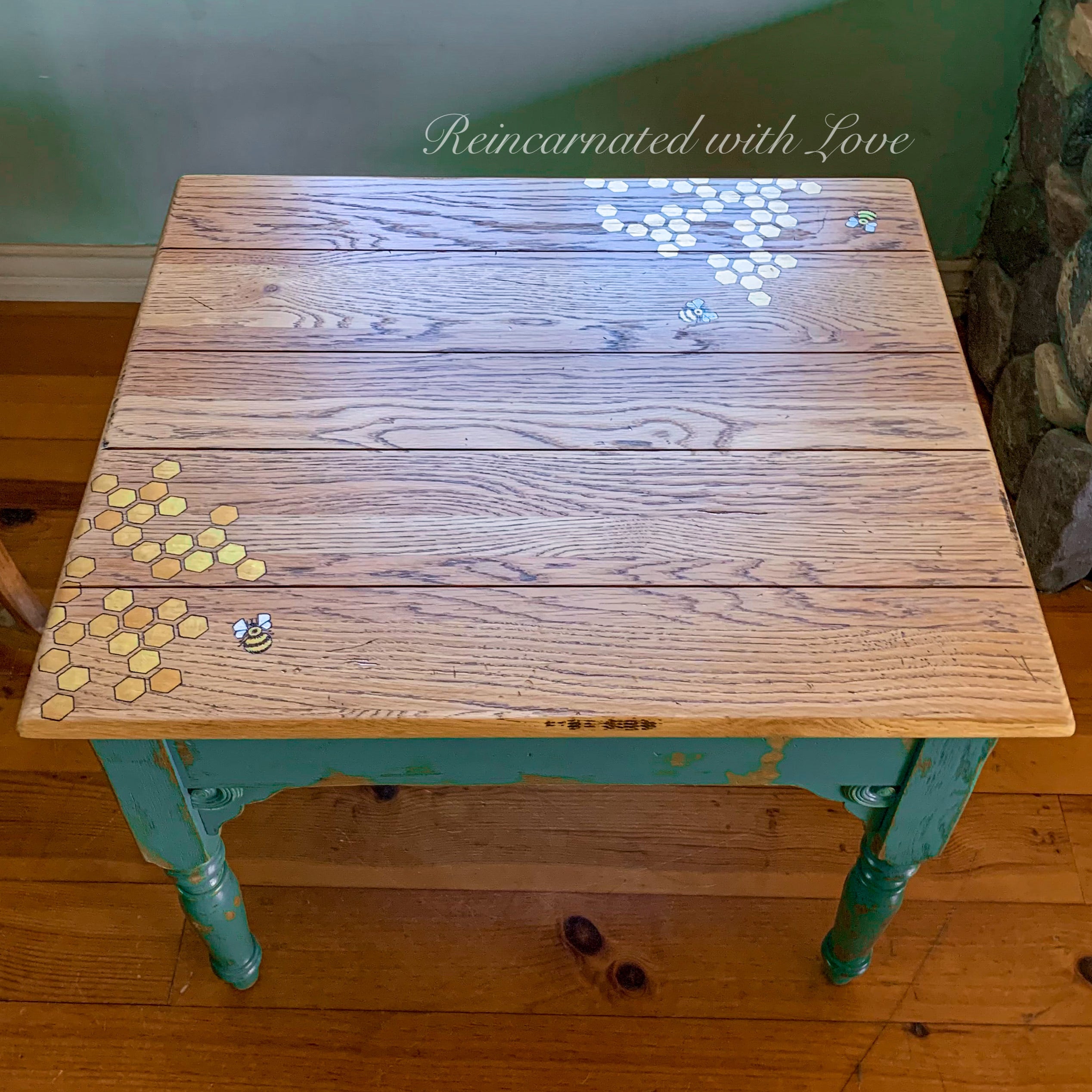 Solid Oak End Table ~ with iridescent honeycomb & tiny bee accents