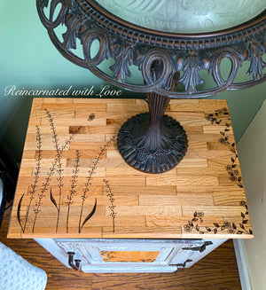 Farmhouse Bedside Table ~ with burnt wood, floral detailing
