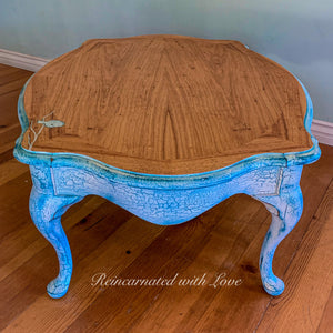 French Country Coffee Table ~ distressed white with blue undertones on stained wood