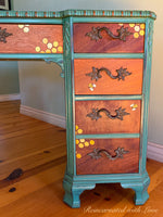 Drawers on a vintage wood desk with iridescent  honeycomb & tiny bees burnt into the wood grain.