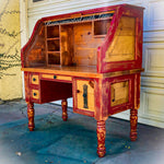 Farmhouse Style Roll Top Desk ~ reclaimed wood desk in distressed red & stained pine