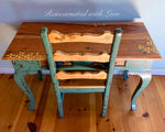 A vintage writing desk & chair set with burnt wood honeycomb & tiny bee accents, highlighted in golden hues.