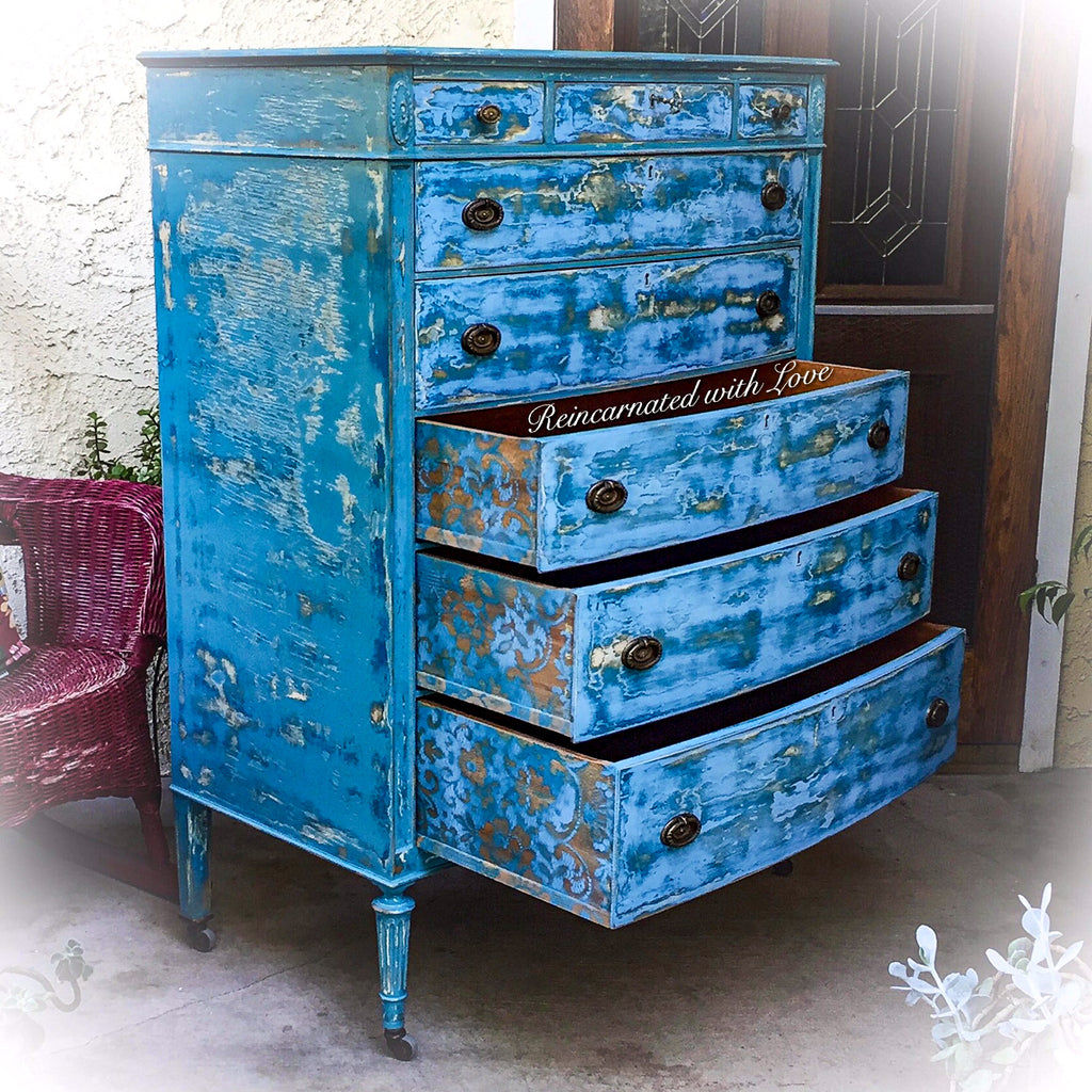 Large French Country Dresser ~ solid tiger oak antique dresser done in distressed blue