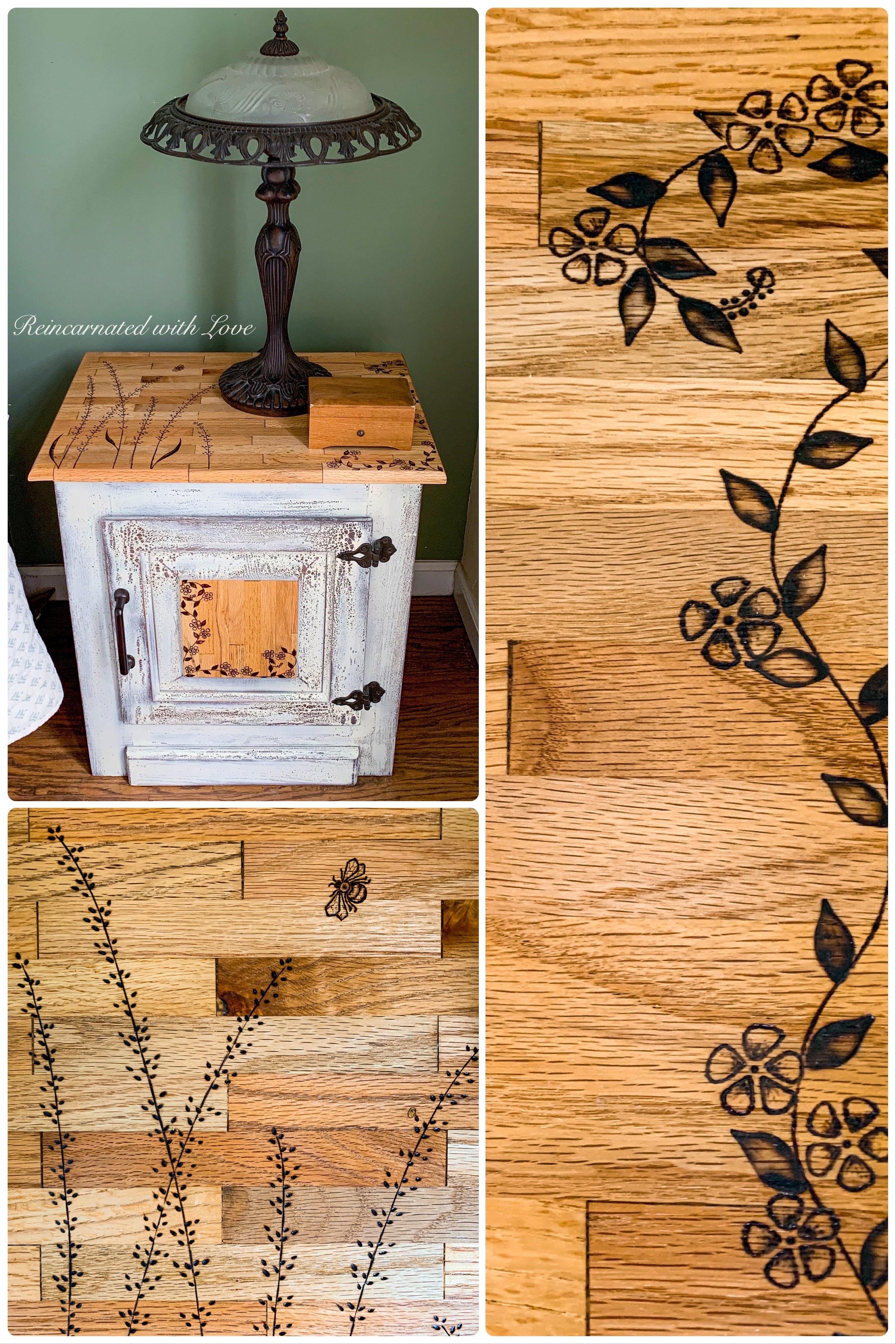 Farmhouse Bedside Table ~ with burnt wood, floral detailing