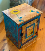 Burnt Wood & Watercolor Nightstand ~ with honeycomb, sunflowers & tiny bee accents
